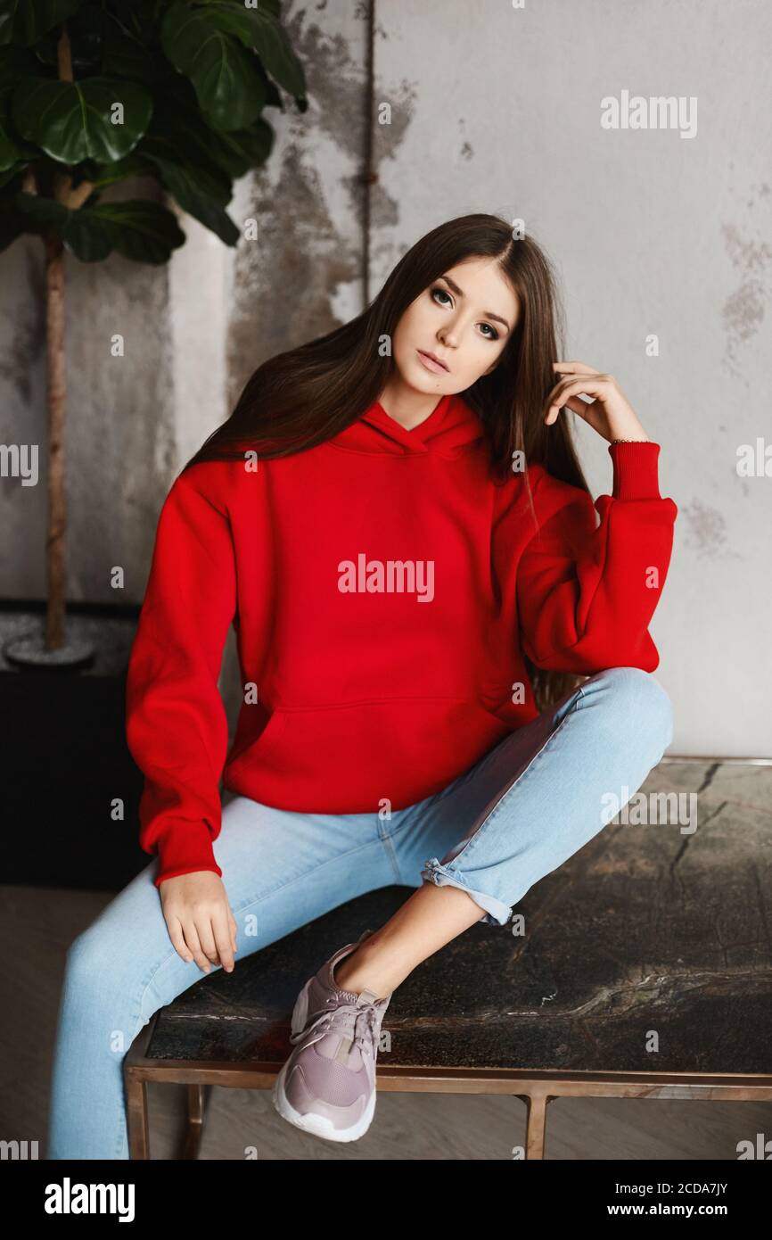 Red hoodie with blue jeans clearance