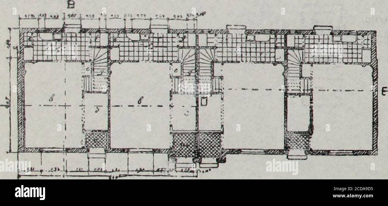 . Garden cities in theory and practice; being an amplification of a paper on the potentialities of applied science in a garden city, read before Section F of the British Association . Groun WORKMENS DWELLINGS, AGNETA PARK, HOLLAND. Price, Type B. 1 (with gardens), 400 M2 a 3 fl. 40- 1| Buildi jag of 4 dwellings Total - 1,360 florins. - 6,000 „ - 7,360 florins. Back Elevation.. Ground Floor Plan. m 4@a m Section on C D E. Price of each dwelling, 1,840 fl.=.£153 6s,Rent per week, 1 fl. 90 = 3s. 2d. 0 12 3 4 5 Metres. i I I I I I . 8d. (1 yard = 0-914 Metres.) Stock Photo