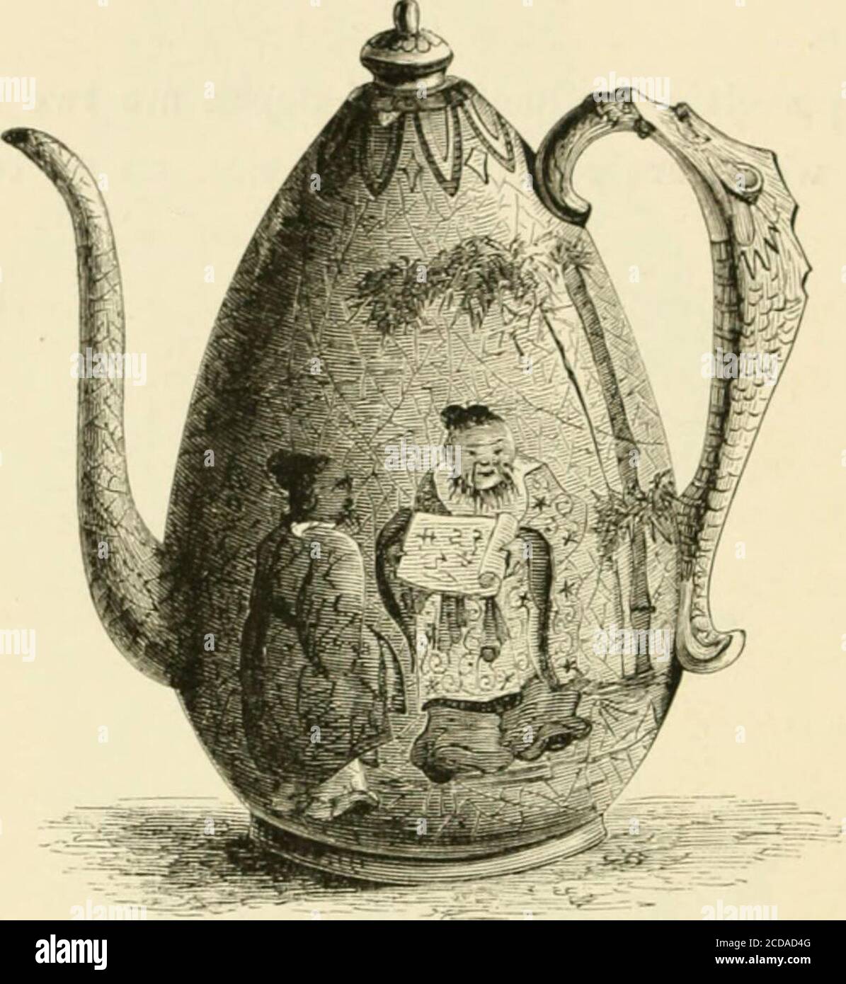 . Pottery and porcelain, from early times down to the Philadelphia exhibition of 1876 . Fio. Hi.—Example of Old SaUuma Ware. tion: the one is called Kaga Ware, the other Satsuma, fromthe districts where they are produced. Most of the Kaga ware broughtto ns is of a thick, heavy body, and colored with a dark sort of Indian-red, touched with lines of gilding. Some of the finer specimens, how- 224 POTTERY AND PORCELAIN. ever, like the vases shown in the recent work of Messrs. Audeslej andBowes, are in polychrome, and very beautiful. The Satsuma faience is made of a rich, creamy paste, and is thick Stock Photo