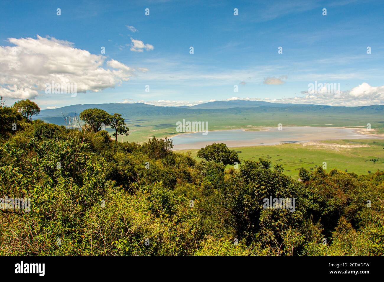Panoramic view of crater and rim of Ngorongoro Conservation Area, Tanzania. Lake Magadi is also visible M Stock Photo