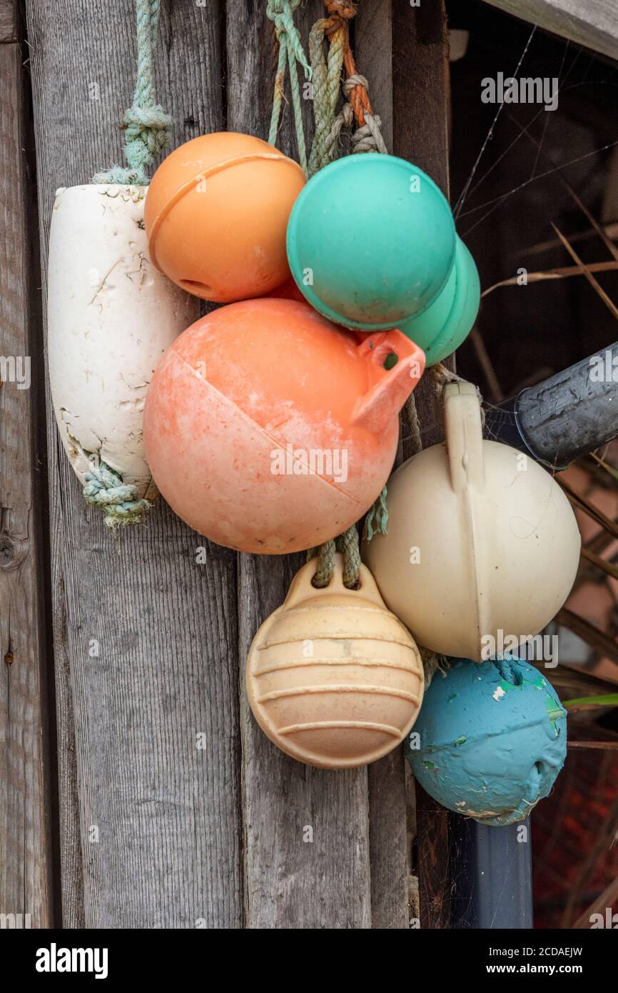 a number of buoys tied together in a fishing harbour coloured fishing