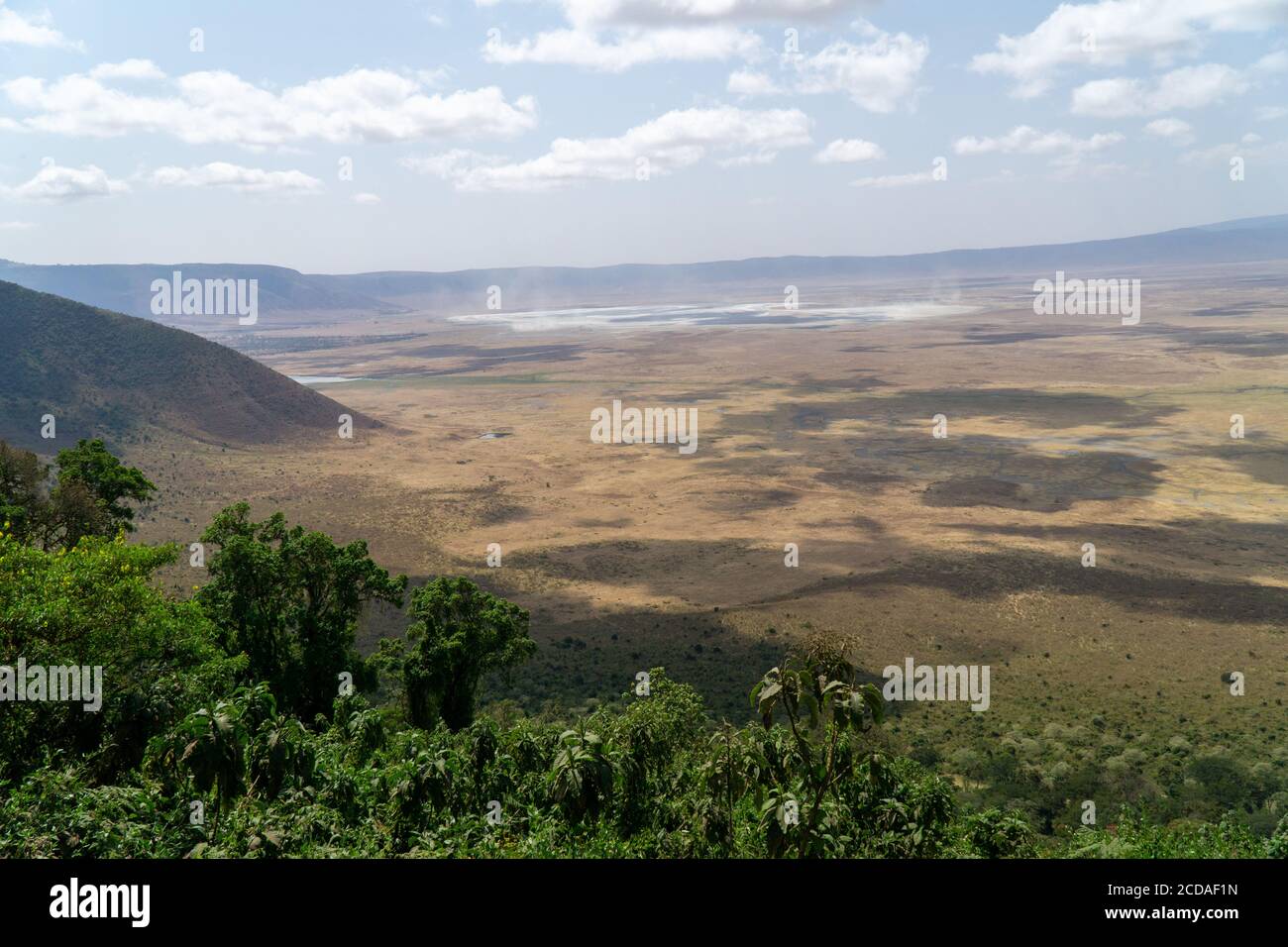 Panoramic view of crater and rim of Ngorongoro Conservation Area, Tanzania. Lake Magadi is also visible Stock Photo