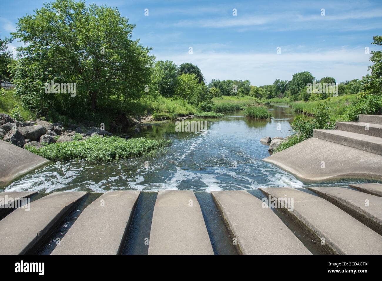 Manmade concrete dam in river wetland area with lush greenery by the Manmade concrete dam in river wetland area with lush greenery by the