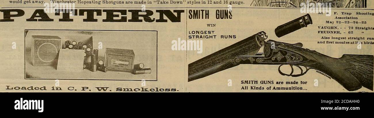 . Breeder and sportsman . REPEATING SHOT GUNS A CHANCE FOR A DOUBLE A QUESTION often asked about Repeating Shotguns is, How quick can a second shot befired withi* them? Shooters that have used Repeaters answer with one accord: Doubles are just as easy tomake with a WINCHESTER REPEATING SHOTGUN as they are with a double barreledgun. The third shot that a Winchester Repeater gives often bags a badly crippled bird which otherwisewould get away. Winchester Repeating Shotguns are made in Take Down styles in 12 and 36 gauge. At 5. F. Trap Shooting Association May 22—23— 24—26 VAUGHN, - - 72 Straight Stock Photo