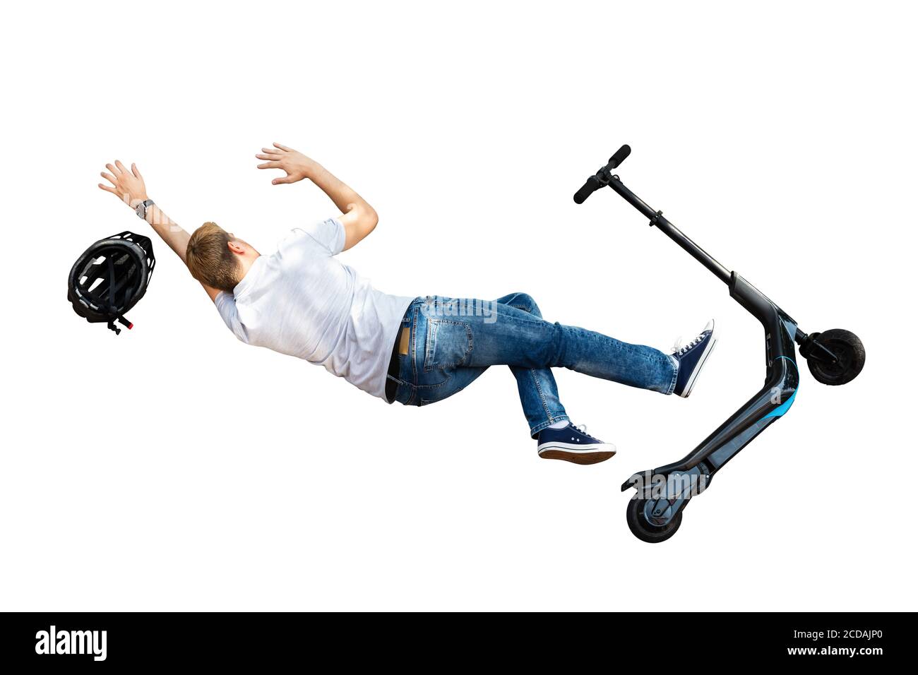 Electric E Scooter Collision Accident. Human Falling Stock Photo