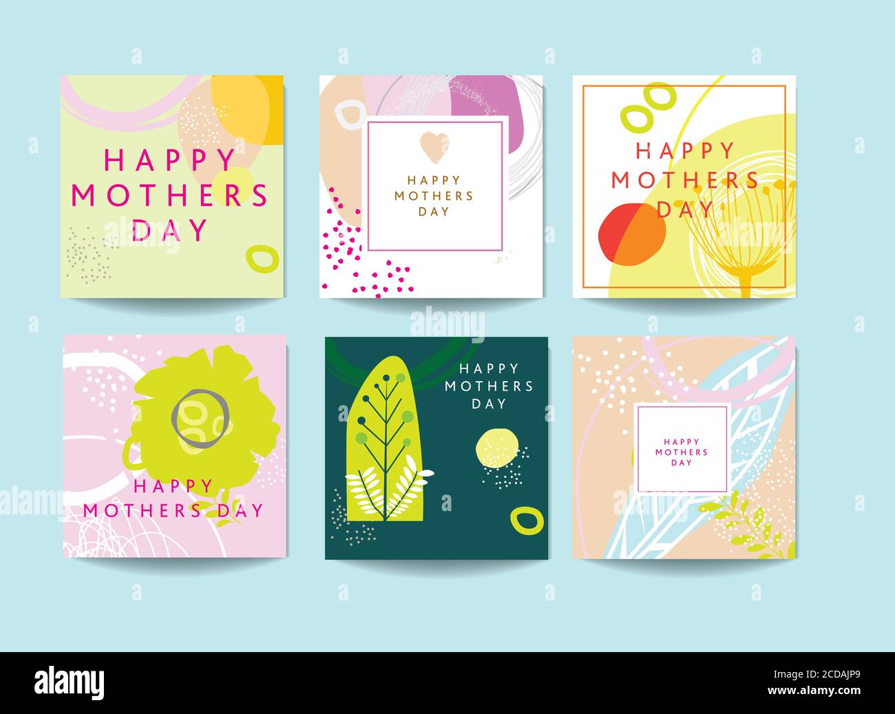Modern abstract floral based scandinavian abstract art inspired cards for mothers day with floral and geometric elements, set of 6. Stock Photo