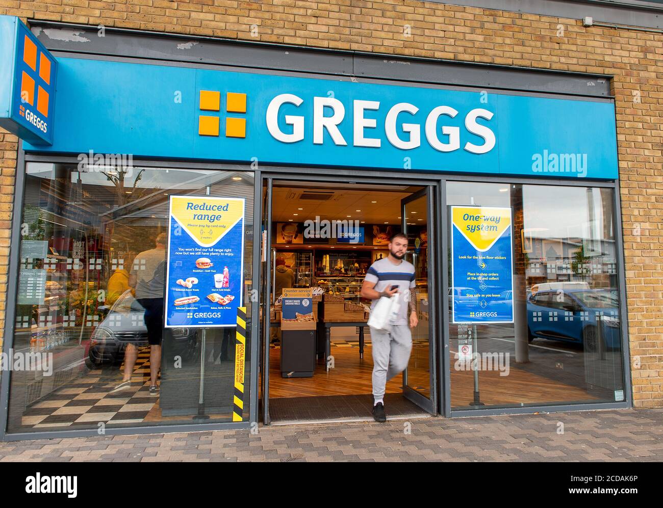 Slough, Berkshire, UK. 18th June, 2020. The Greggs bakers shop on Slough Trading Estate in Berkshire reopened today following the easing of the Coronavirus Covid-19 Pandemic lockdown. A maximum of 5 customers are allowed in at any one time and the opening hours are reduced as well as the range on offer. Credit: Maureen McLean/Alamy Stock Photo