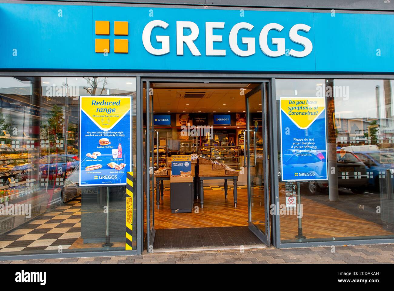 Slough, Berkshire, UK. 18th June, 2020. The Greggs bakers shop on Slough Trading Estate in Berkshire reopened today following the easing of the Coronavirus Covid-19 Pandemic lockdown. A maximum of 5 customers are allowed in at any one time and the opening hours are reduced as well as the range on offer. Credit: Maureen McLean/Alamy Stock Photo