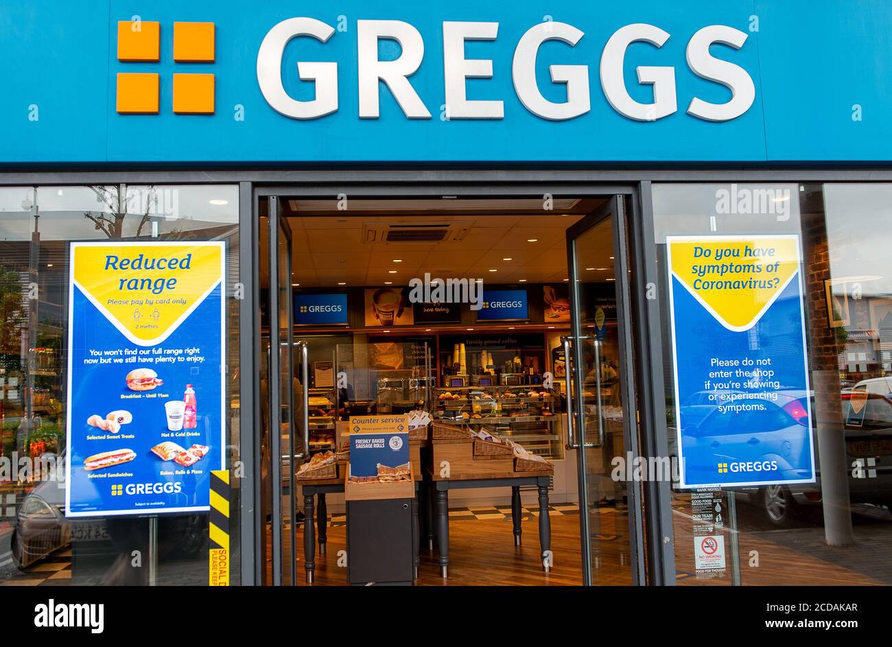 Slough, Berkshire, UK. 18th June, 2020. The Greggs bakers shop on Slough Trading Estate in Berkshire reopened today following the easing of the Coronavirus Covid-19 Pandemic lockdown. A maximum of 5 customers are allowed in at any one time and the opening hours are reduced as well as the range on offer. Credit: Maureen McLean/Alamy Stock Photo