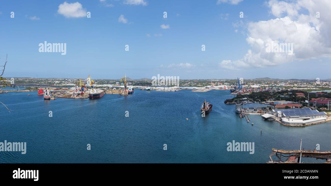 The harbor of Willemstad, capital of the Caribbean island nation of Curacao is in the Schottegat lagoon, a large natural lagoon connected to the ocean Stock Photo