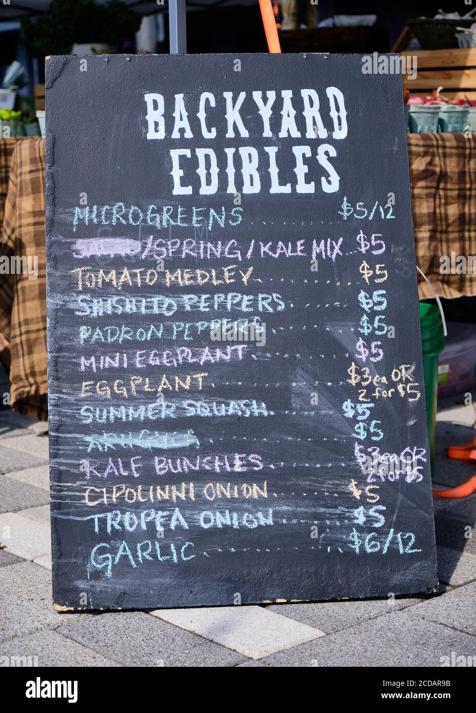 Farmer's Market blackboard with price list of fresh vegetable available ...