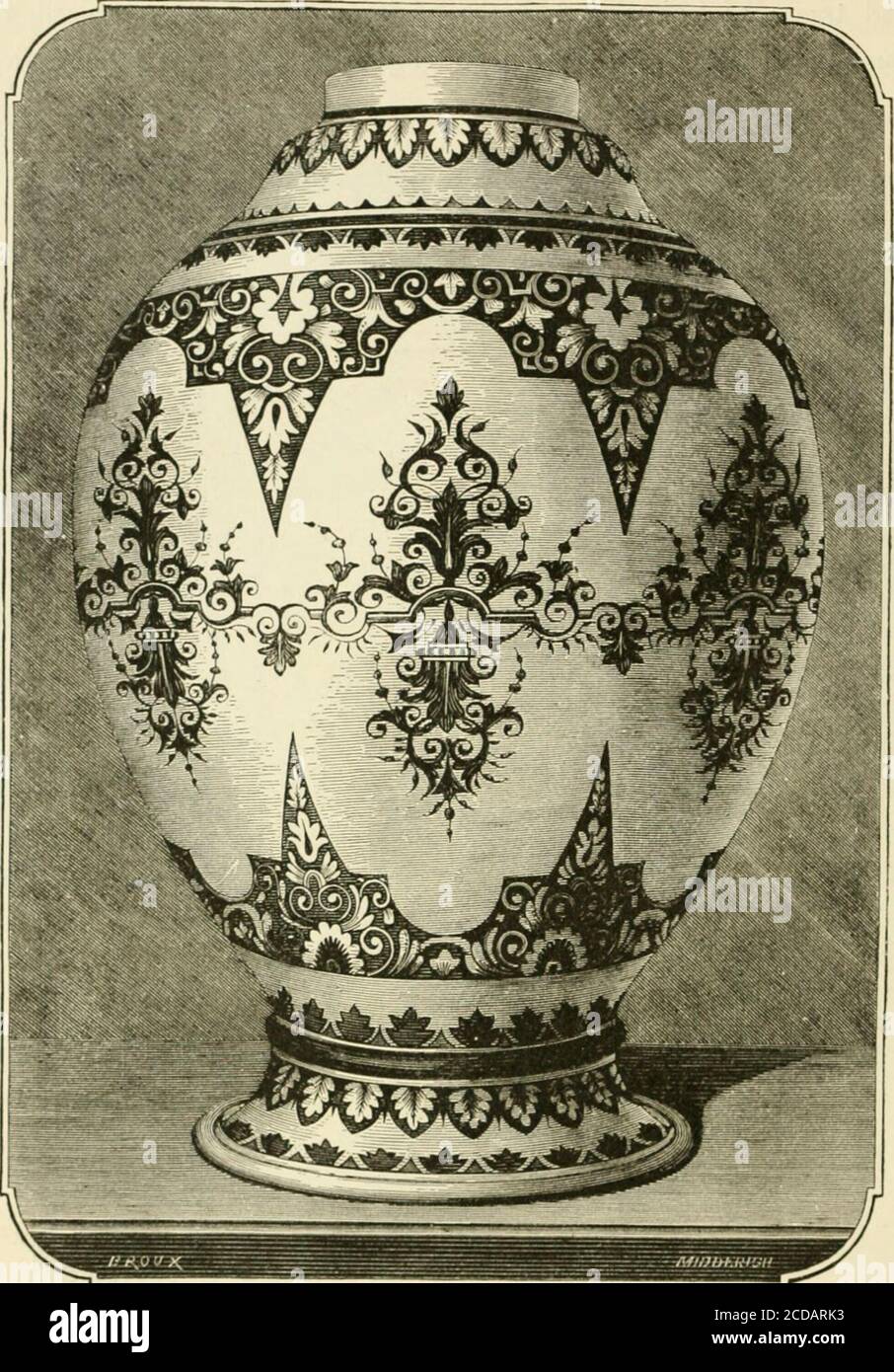 . Pottery and porcelain, from early times down to the Philadelphia exhibition of 1876 . Work was done for the table, some of ^vhich holds high rank. WhenLouis XIV. sent his silver to be minted in 1713, to pay for hisextravagant wars, he had it replaced by a service made at Rouen. 144 POTTERY AND PORCELAIN.. Fig. Si.—Rouen Faience. Some pieces in tlic Sevres Museum, in.nkcd witli the fleur-de-lis^ mayliavu l)elonfjed ti) tliis. ^[iiny of tlic lirli ainl tlic iioMl- followed liis example, and theresult was that a marvelous impulse was i^iveii lo the increase and theperfection of the faiences at Stock Photo