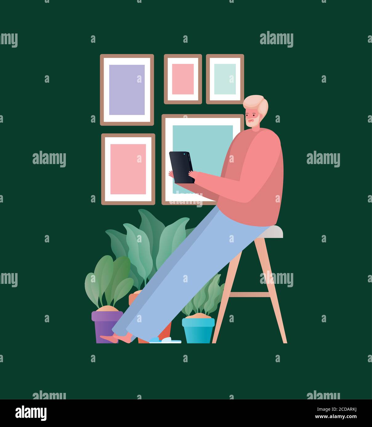 Man with tablet working on chair design of Work from home theme Vector
