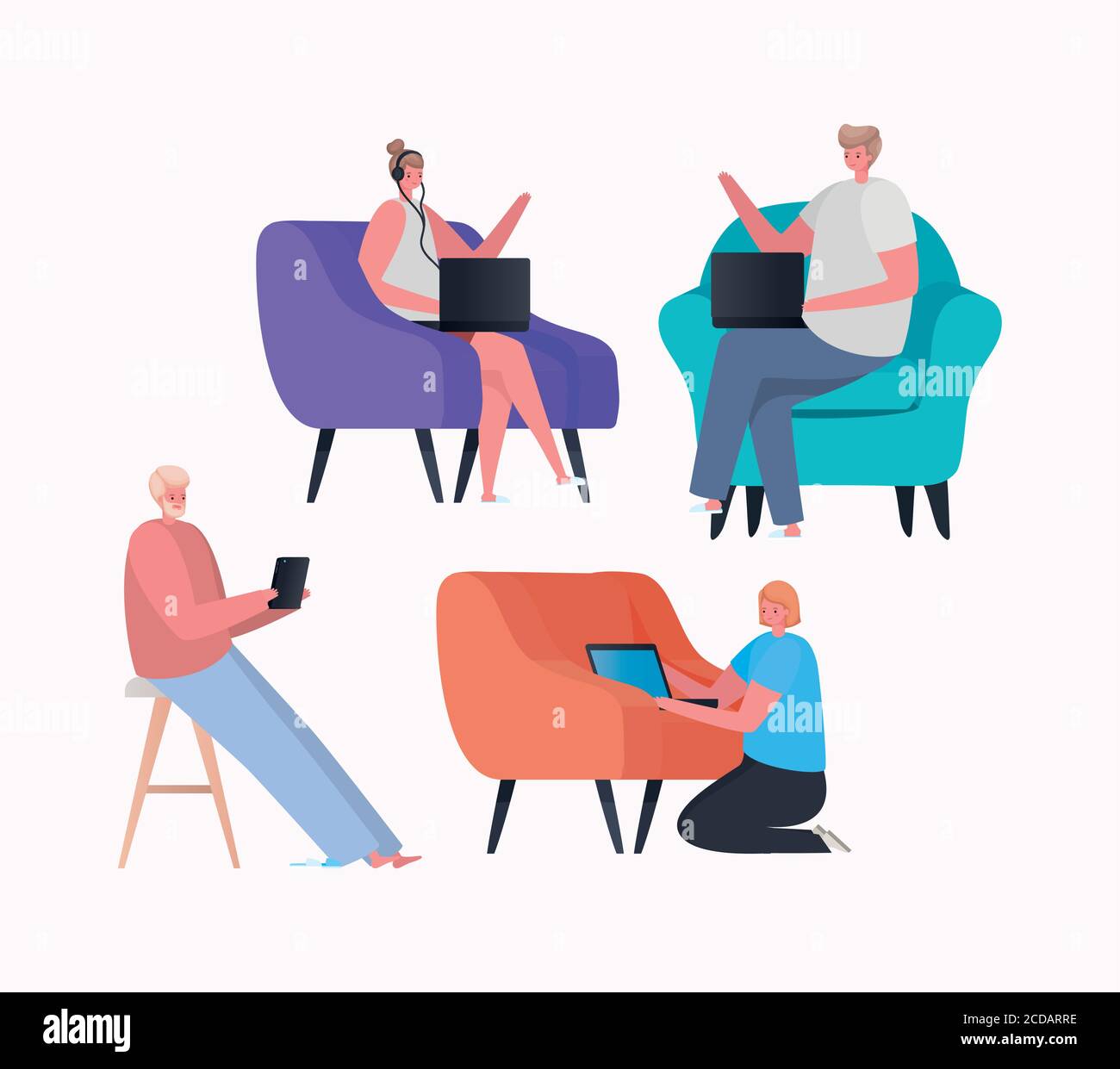 Set of women and men with laptop and tablet working on chair design of