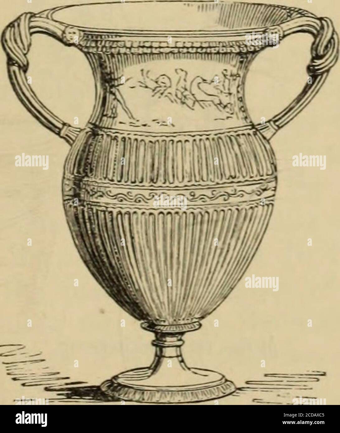 . Pompeii; its history, buildings and antiquities : an account of the destruction of the city, with a full description of the remains, and of the recent excavations and also an itinerary for visitors . Kitchen Utensils of Bronze, and with a swan in the centre. The neck of the vase ispainted, and the same subject is given on each side. It rei^re-sents a chariot, di-awn by four animals at full gallop, whichappear to be intermediate between tigers and panthers. A. Terra-cotta Vase. winged genius directs them with his left hand, while with hisright he goads them with a javelin. Another winged figu Stock Photo