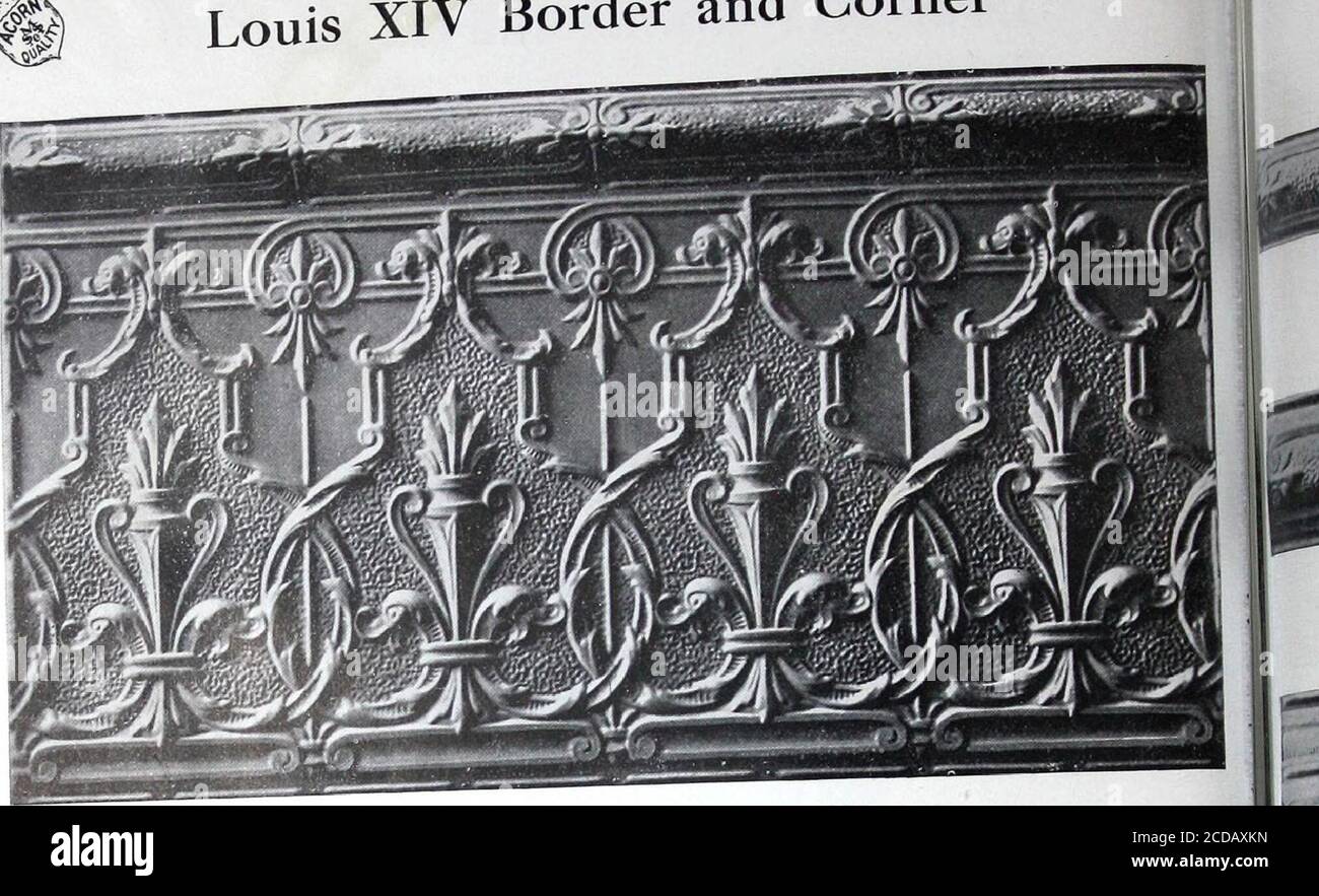 . Ceilings & Side Walls : Catalogue no 60 . Louis XIV Border and Corner. Moulded Border Plate No. 4104 Si/.o, ^8 X 48 inches. Composed of Border Plate No. 4101 and Moulding No. 4201. Code Vsord—Xegro. Stock Photo