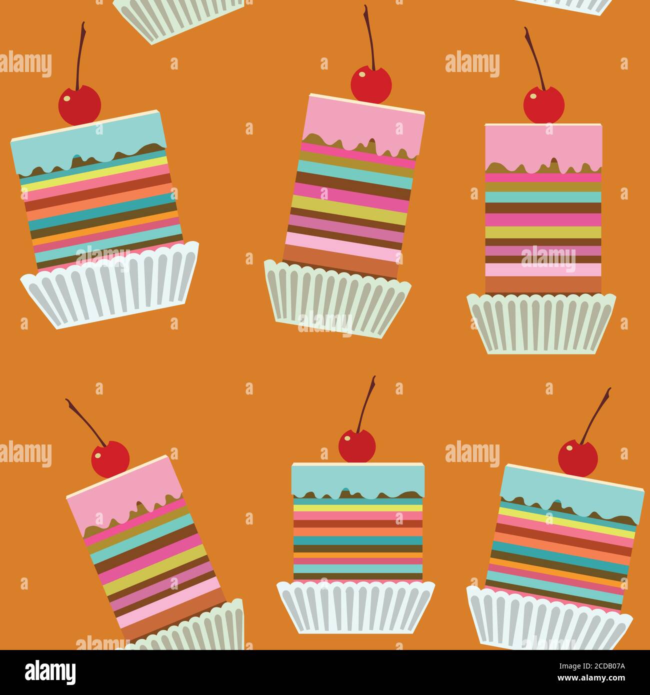 Seamless pattern with tasty creamy cakes with cherries. Stock Vector