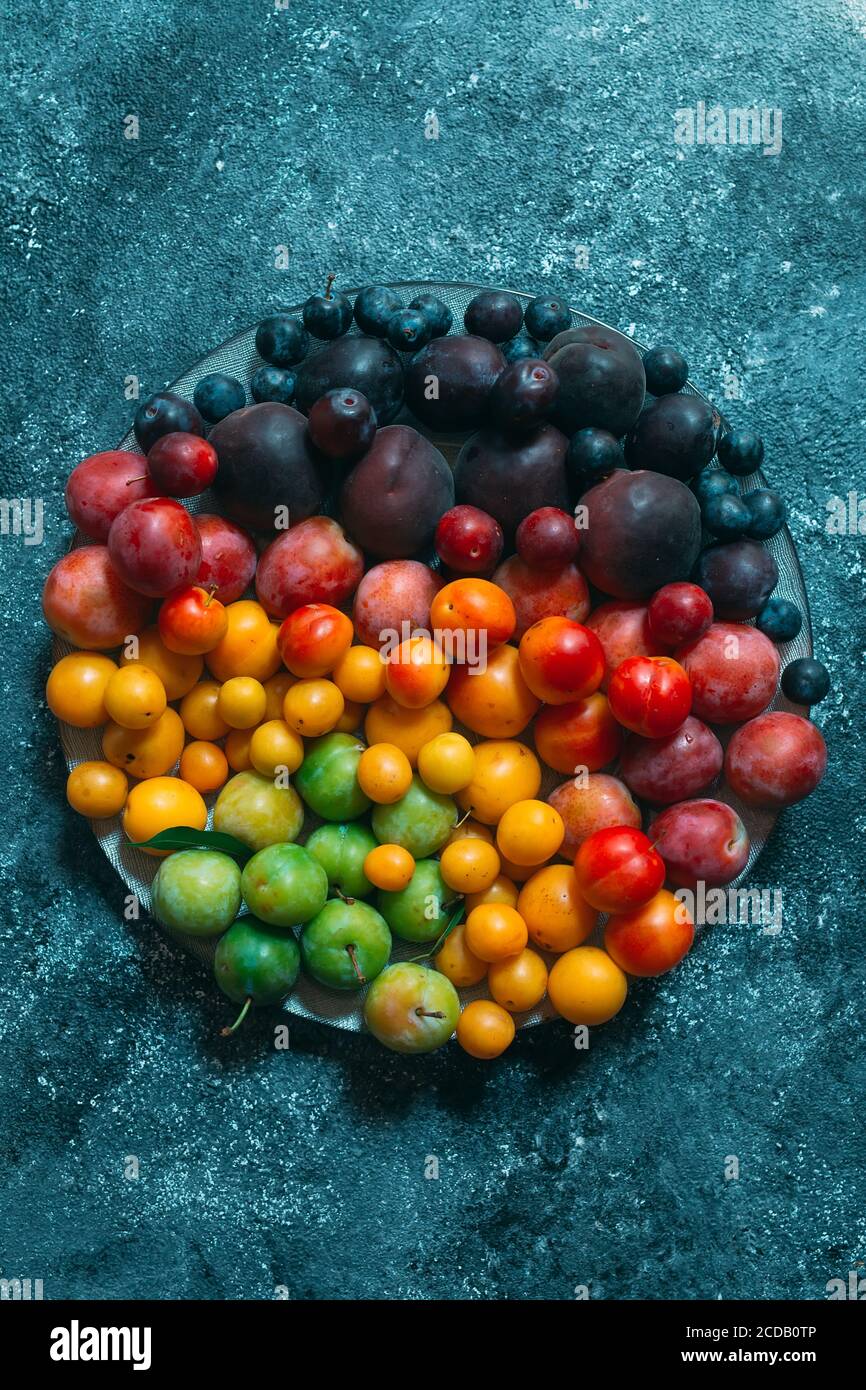 Multicolored plums on a plate are laid out by color. Stock Photo