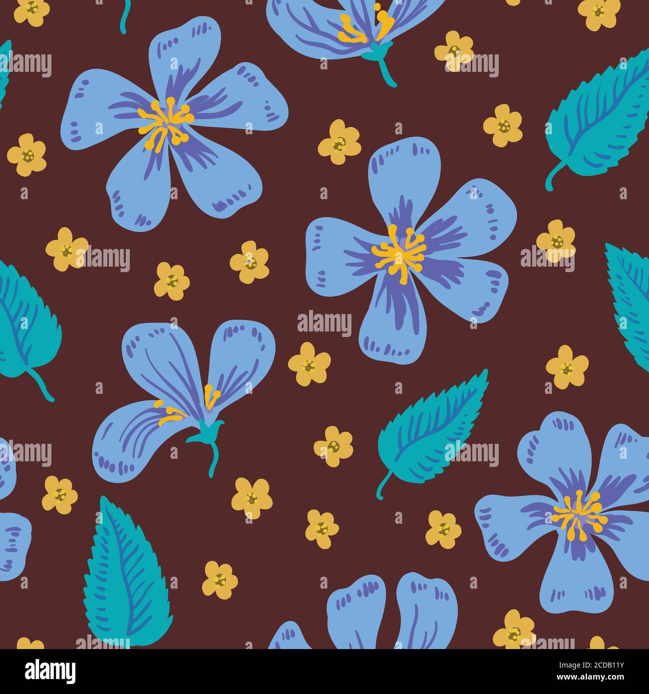 Cute seamless pattern with big blue flowers. Stock Vector