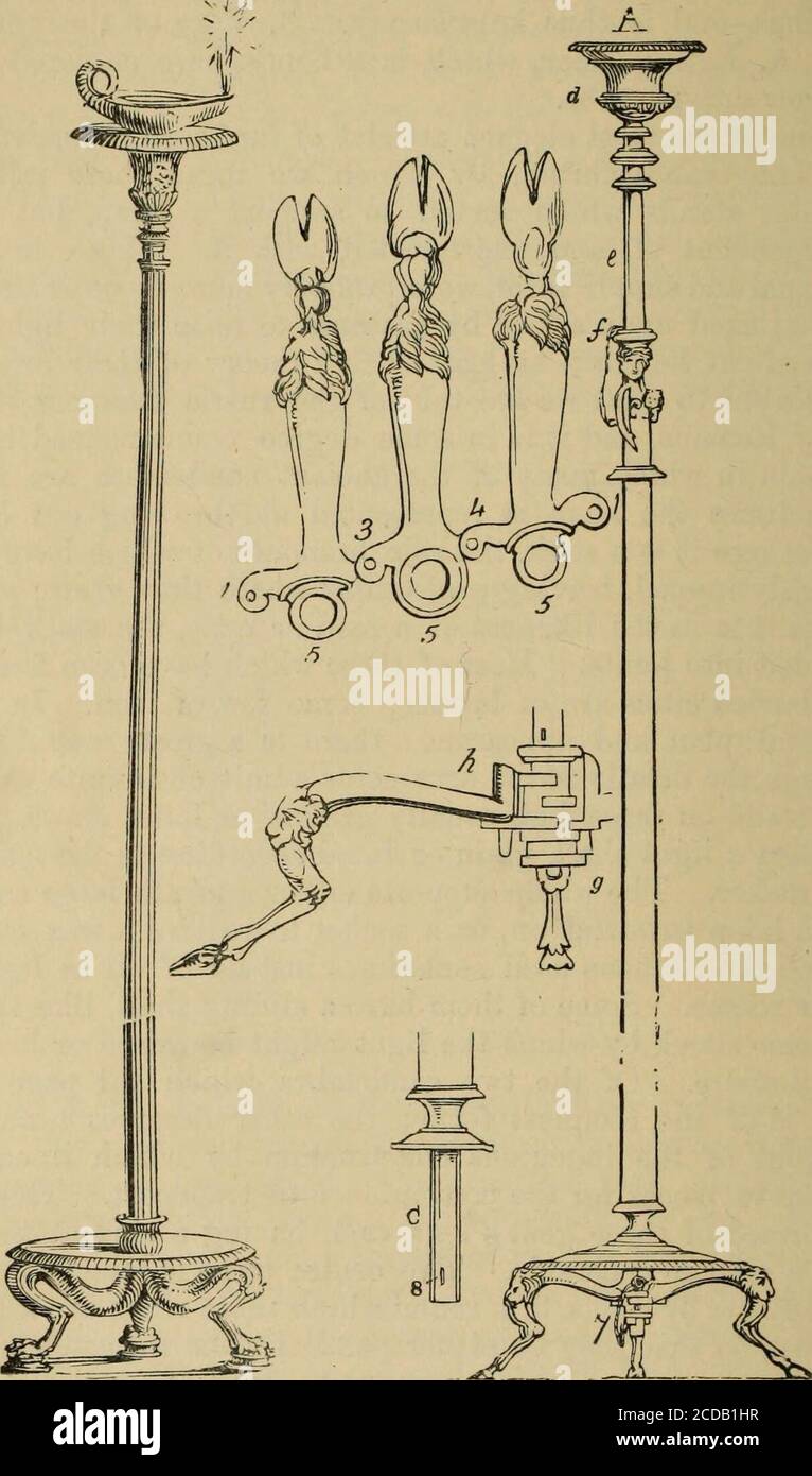 . Pompeii; its history, buildings and antiquities : an account of the destruction of the city, with a full description of the remains, and of the recent excavations and also an itinerary for visitors . n or fluted according to the fancy ofthe maker. The whole supports either a plinth large enoughfor a lamp to stand on, or a socket to receive a wax candle,which the Romans used sometimes instead of oil in lightingtheir rooms. Some of them have a sliding shaft, like that ofa music stand, by which the light might be raised or loweredat pleasure. Of the two candelabra which fill page 544,one is of Stock Photo