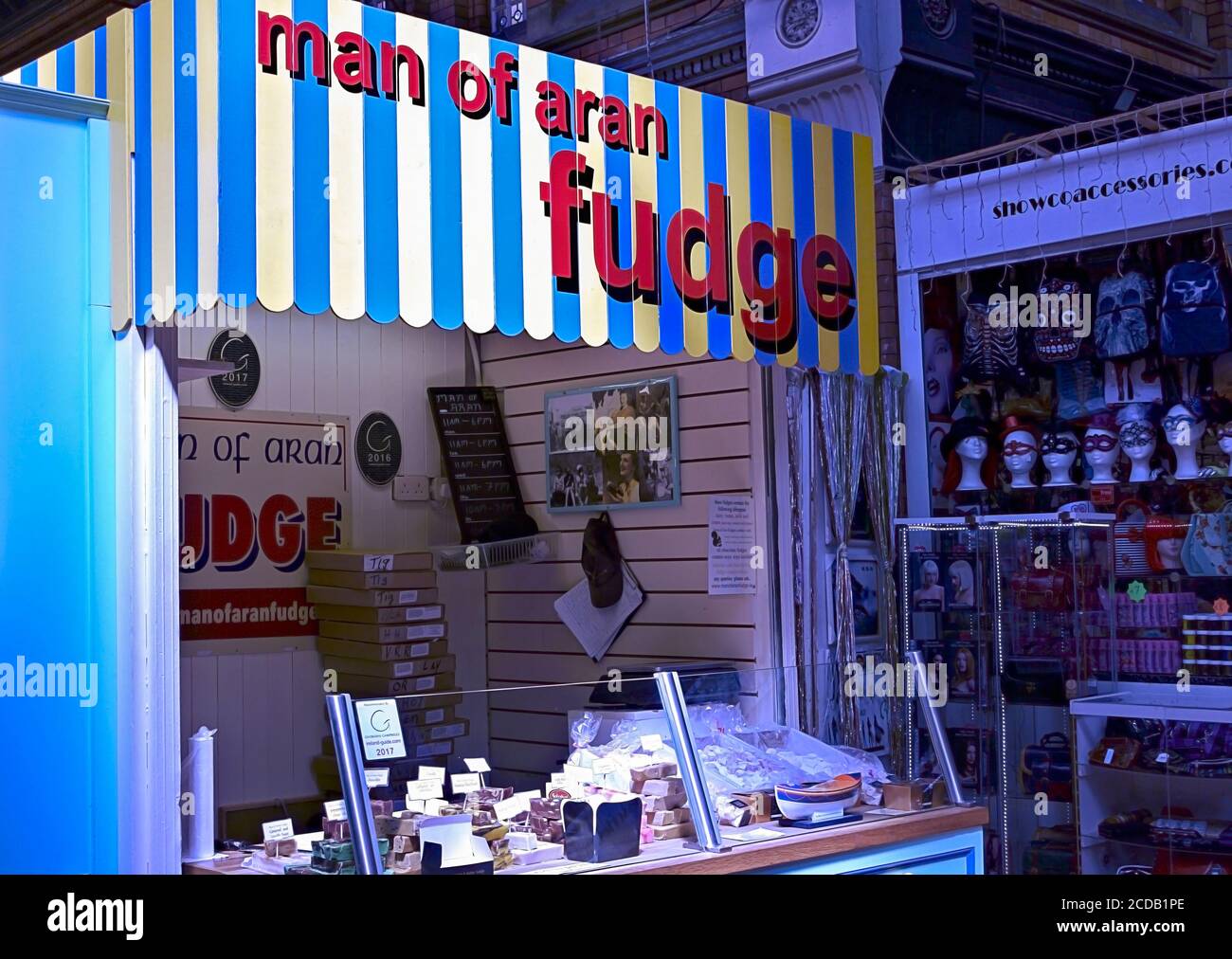 George’s Street Arcade market. Man of Aran Fudge booth, sign. Shopping Mall interior. Dublin, Ireland, Europe. Stock Photo