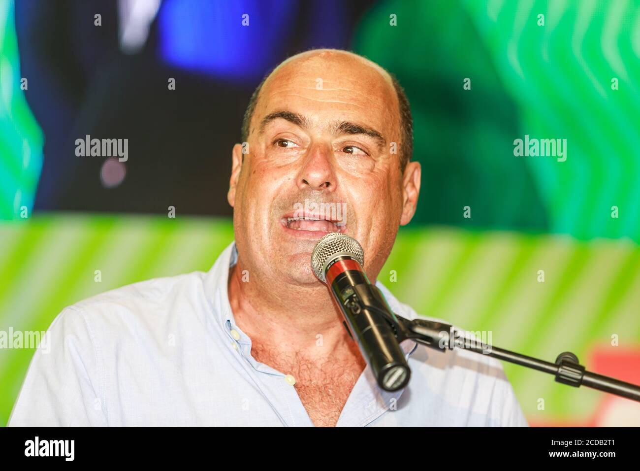 Bologna, ITALY. 27 August, 2020. Leader of the centre-left Democratic party PD Nicola Zingaretti during opening speech of “Fest'Unità” (Democratic party event) on August 27, 2020 in Bologna, Italy. Credit: Massimiliano Donati/Alamy Live News Stock Photo