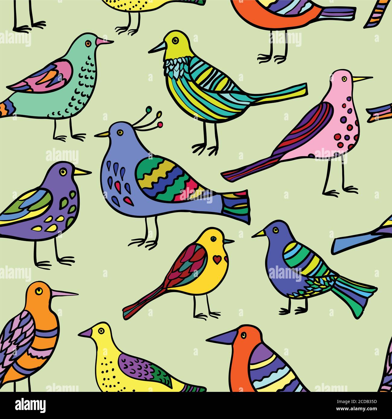 Seamless pattern with cute cartoon doodle birds. Stock Vector