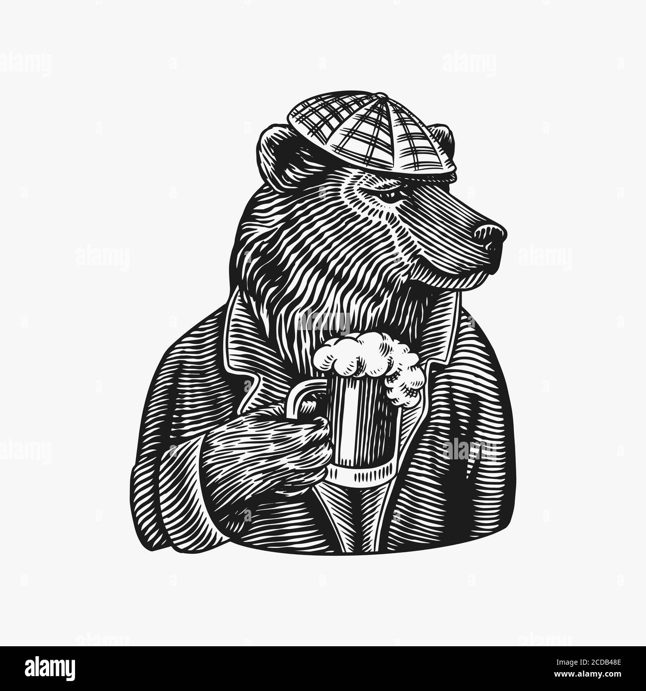 Grizzly Bear with a beer mug. Brewer with a glass cup. Fashion animal character. A wild beast in a newsboy s cap. Hand drawn sketch. Vector engraved Stock Vector