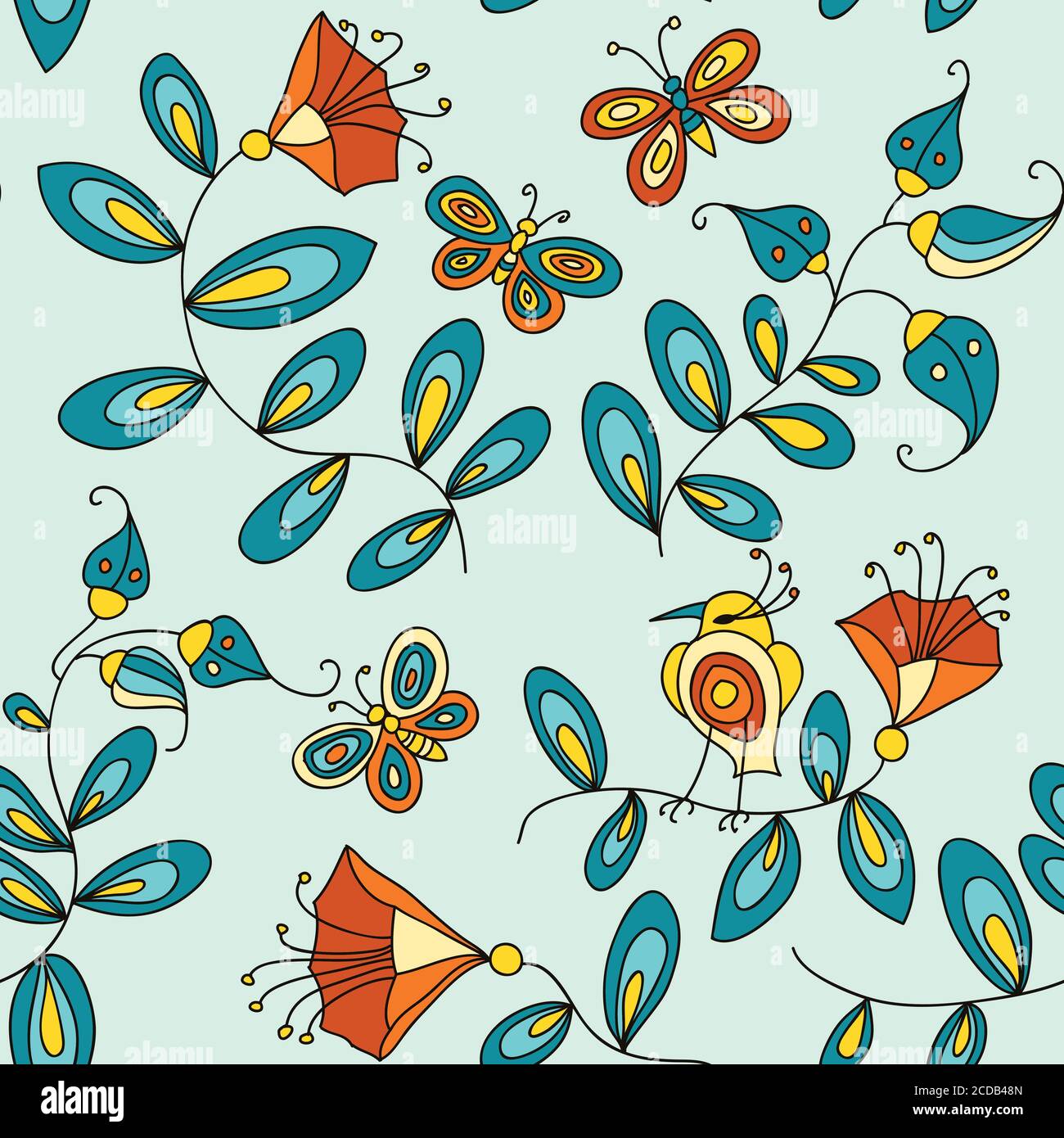 Cute seamless pattern with flowers birds and butterflies Stock Vector