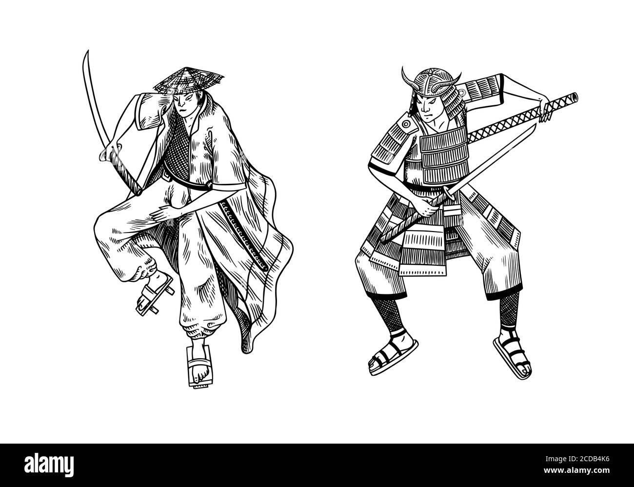 Japanese samurai warriors with weapons sketch. Men in a fight pose. Hand drawn vintage sketches. Vector illustration in monochrome style. Stock Vector