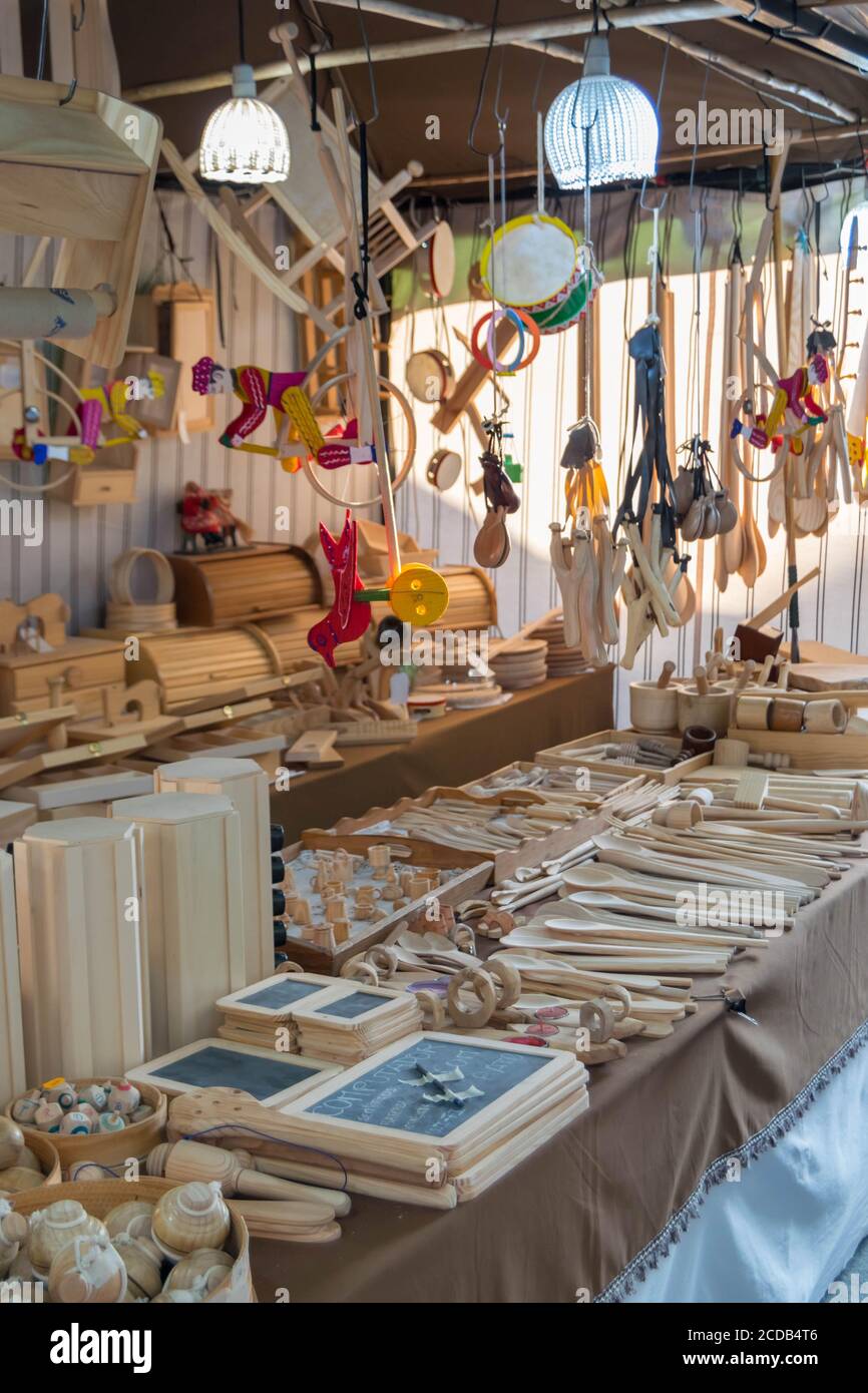 Traditional market with old times wood toys exposed from Portugal in Braga Romana anual event Stock Photo
