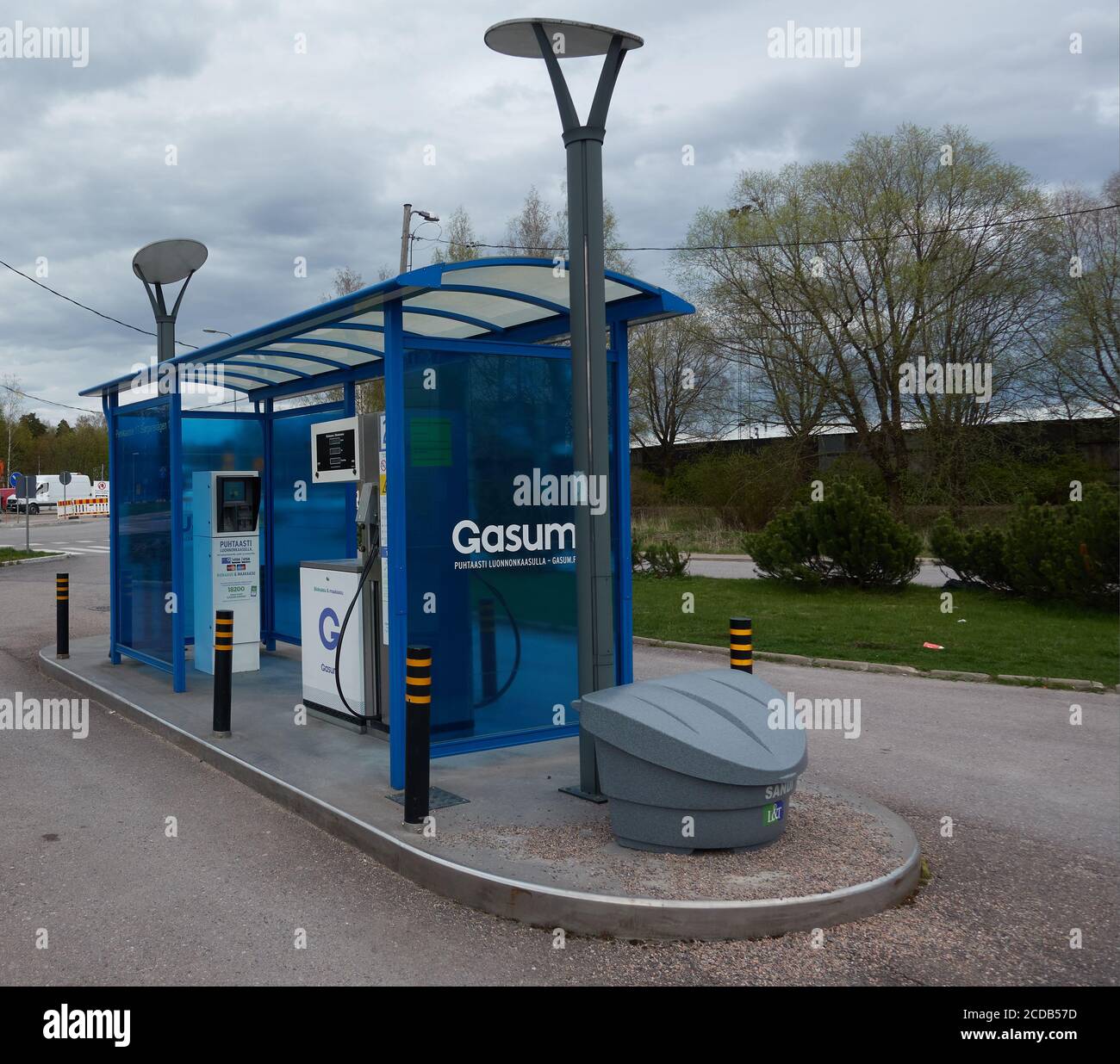 Espoo, Finland - May 6, 2020: Gasum gas company unmanned compressed natural gas (CNG) dispenser for cars that are able to utilize liquified natural ga Stock Photo