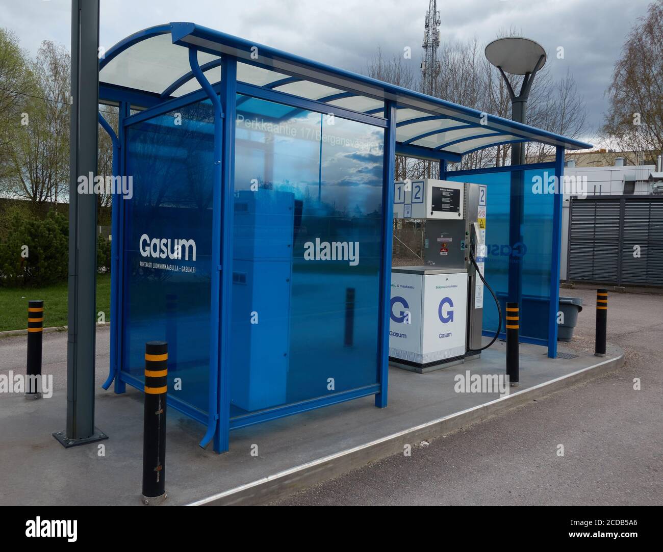 Espoo, Finland - May 6, 2020: Gasum gas company unmanned compressed natural gas (CNG) dispenser for cars that are able to utilize liquified natural ga Stock Photo