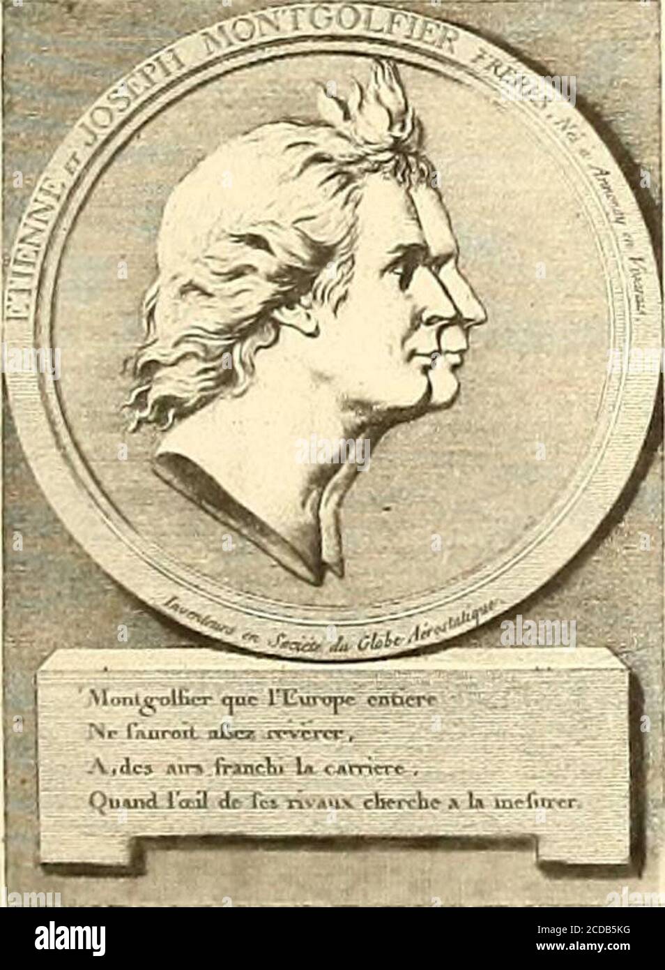 . Histoire des ballons et des aéronautes célèbres ... . Les frères Montgolfier Cest au milieu des montagnes duVivarais, au centre même de lancien paysdes Helvii, actuellement compris dans ledépartement de lArdèche, non loin deSaint-Etienne et de Lyon, que se pro-duisit, à Annonay, létonnante découvertedes aérostats. Elle est due à JosephMontgolfier et à son frère Etienne, tousdeux fils dun fabricant de papier, PierreMontgolfier, qui eut seize enfants, douzegarçons et quatre filles. Joseph, né le 26 août 1740, était ledouzième enfant de cette grande famille; Etienne, né le (5 janvier1745, en ét Stock Photo