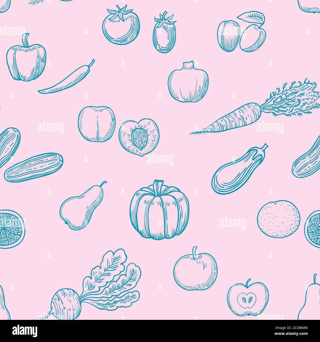 Seamless pattern with hand drawn fruits and vegetables  Stock Vector