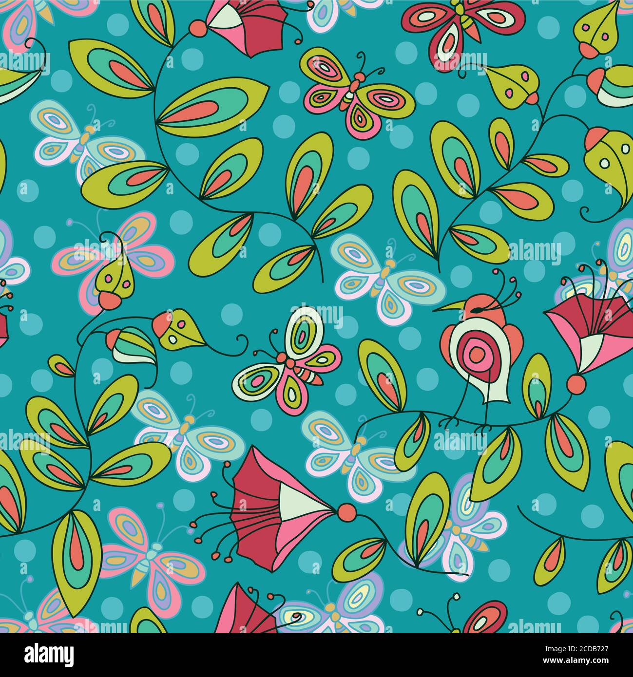 Cute seamless pattern with flowers birds and butterflies Stock Vector