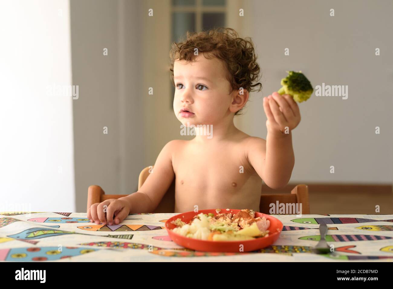 A two-year-old baby feeds herself using her hands in a healthy way ...
