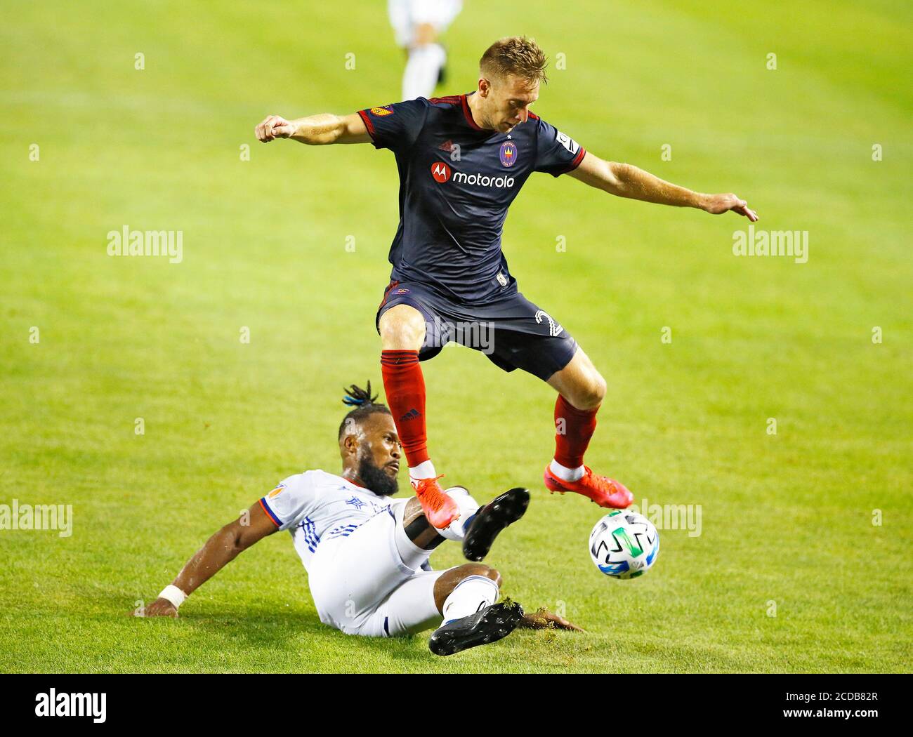 Chicago Fire FC forward Fabian Herbers (21) fights for the ball against Major League Soccer (MLS) FC Cincinnati's defender Kendall Waston (2) on Tuesd Stock Photo