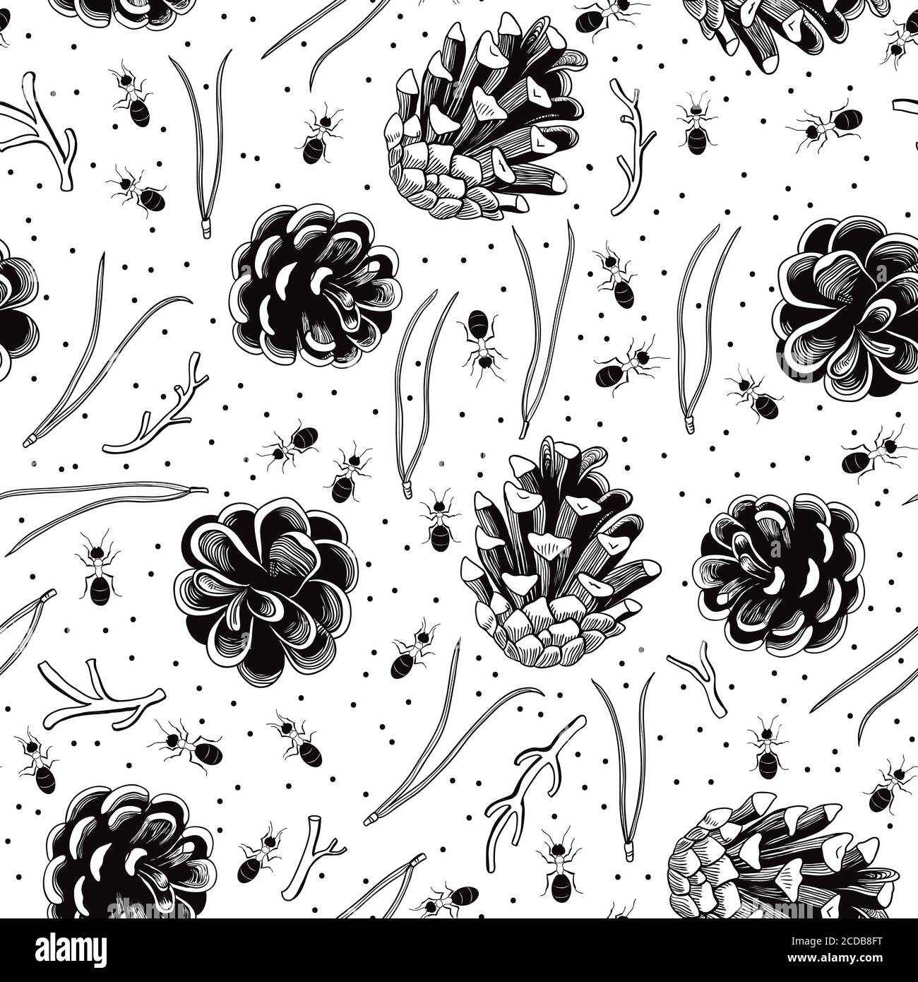 Line art realistic pine cone seamless pattern  Stock Vector