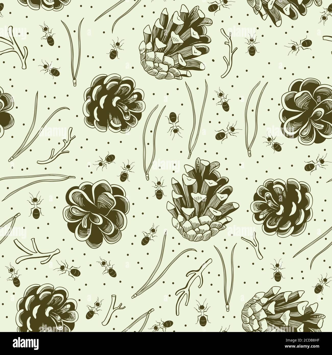 Line art realistic pine cone seamless pattern  Stock Vector