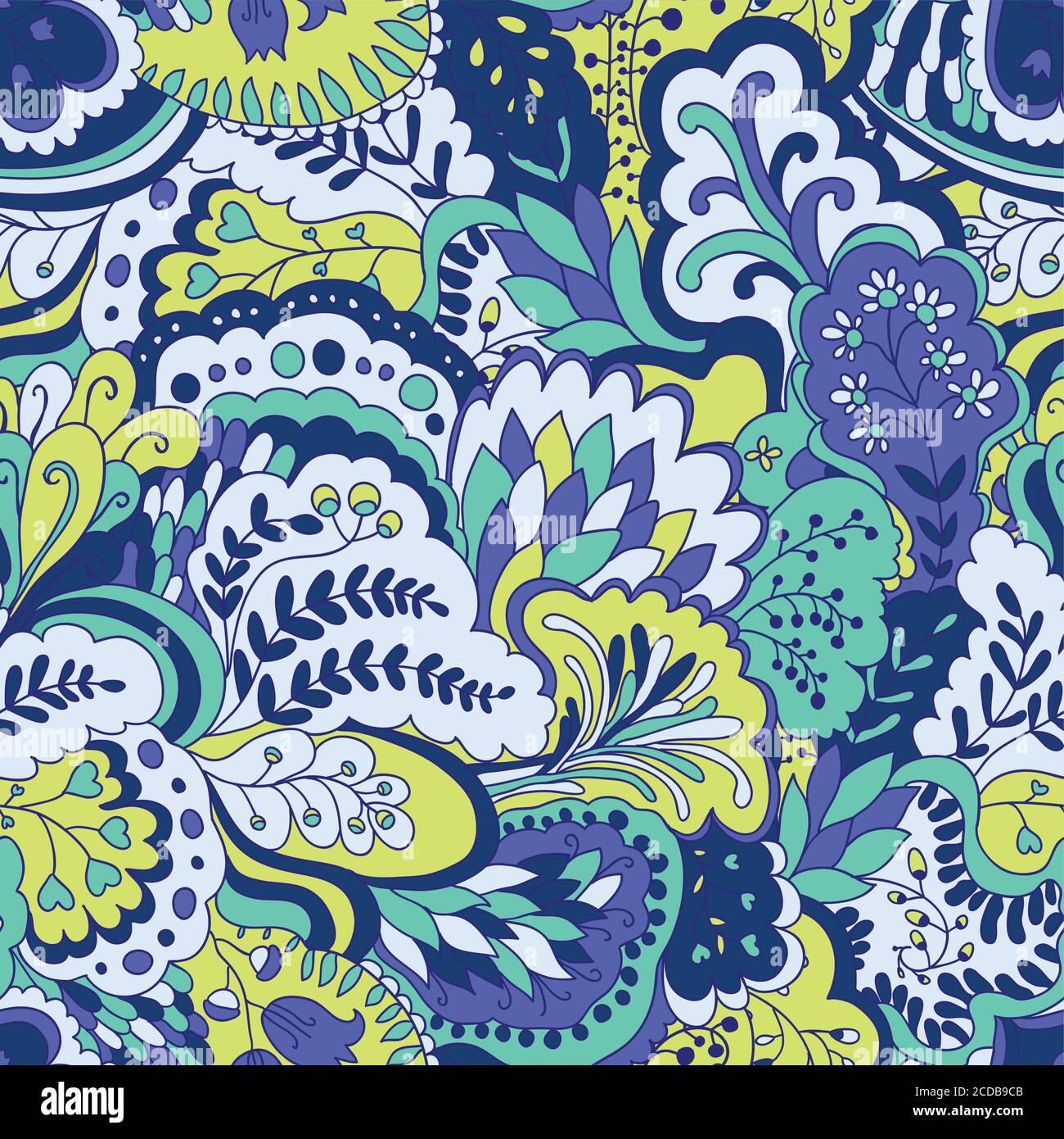 Bright psychedelic pattern with colorful curly doodle motifs. Stock Vector