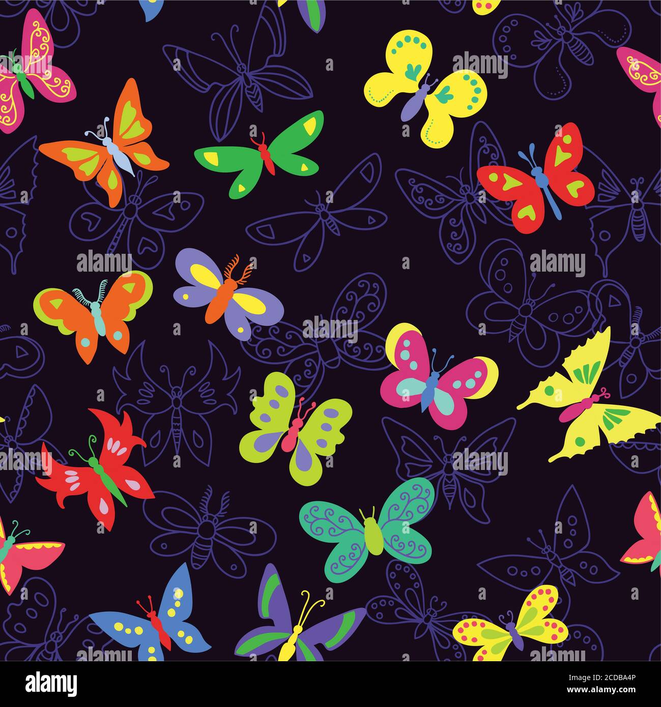 Seamless pattern with bright colorful minimalistic butterflies. Stock Vector