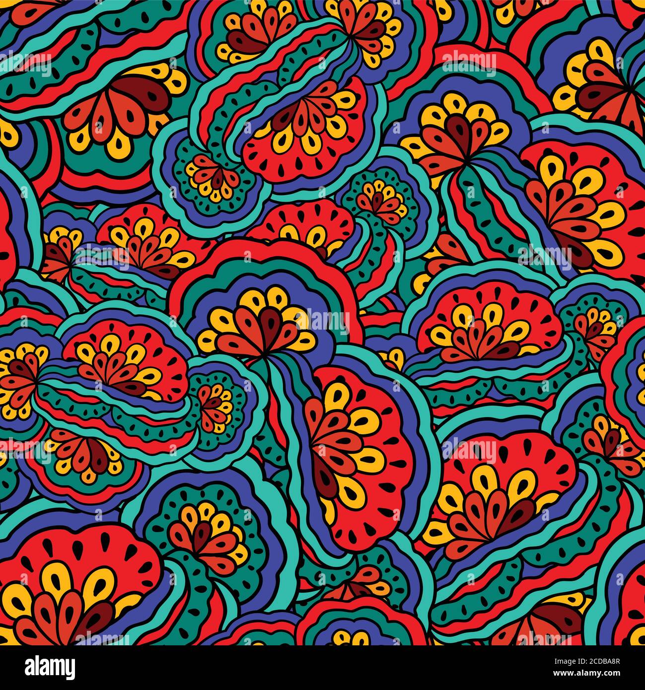 Bright seamless psychedelic boho pattern with original colorful ornament. Stock Vector