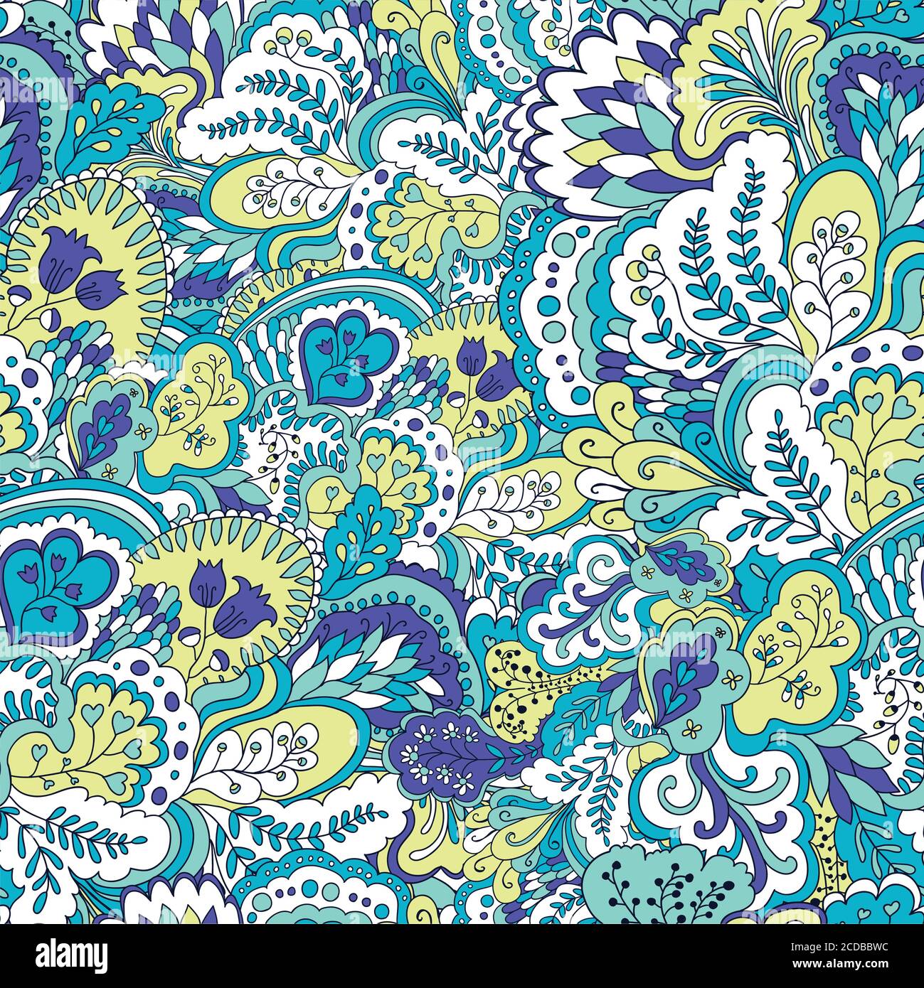 Bright psychedelic pattern with colorful curly doodle motifs. Stock Vector