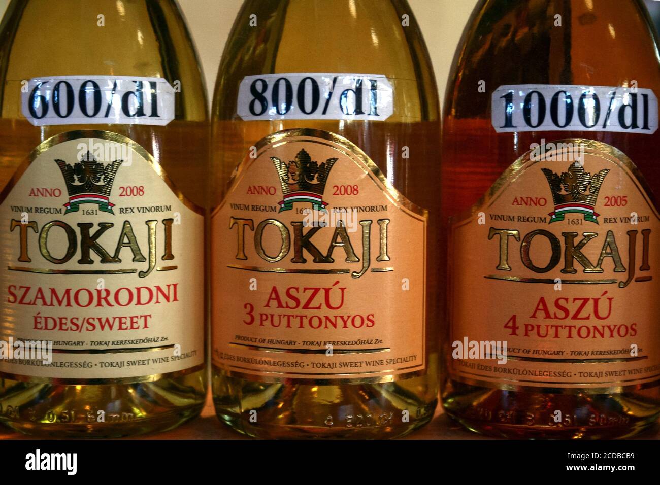 BUDAPEST, HUNGARY - JUNE 13, 2014: Focus on labels of Bottles of Tokaji  wine and other traditional Hungarians drinks for sale in Budapest central  mark Stock Photo - Alamy