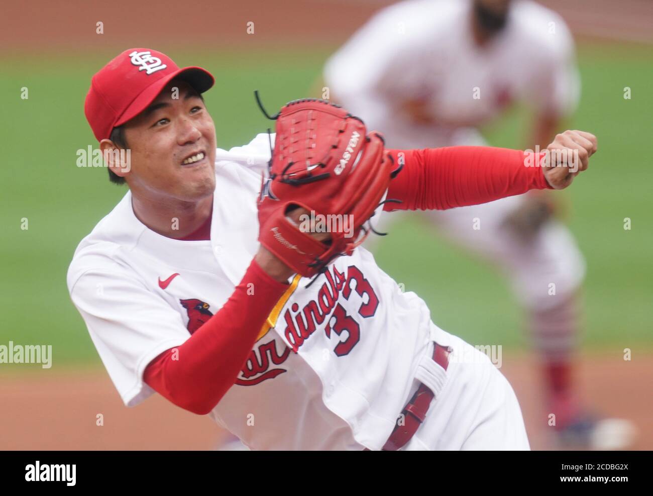 St. Louis, United States. 27th Aug, 2020. St. Louis Cardinals starting pitcher Kwang Hyun Kim watches the flight of the ball off the bat of Pittsburgh Pirates Jacob Stallings in the second inning at Busch Stadium in St. Louis on Thursday, August 27, 2020. Photo by Bill Greenblatt/UPI Credit: UPI/Alamy Live News Stock Photo
