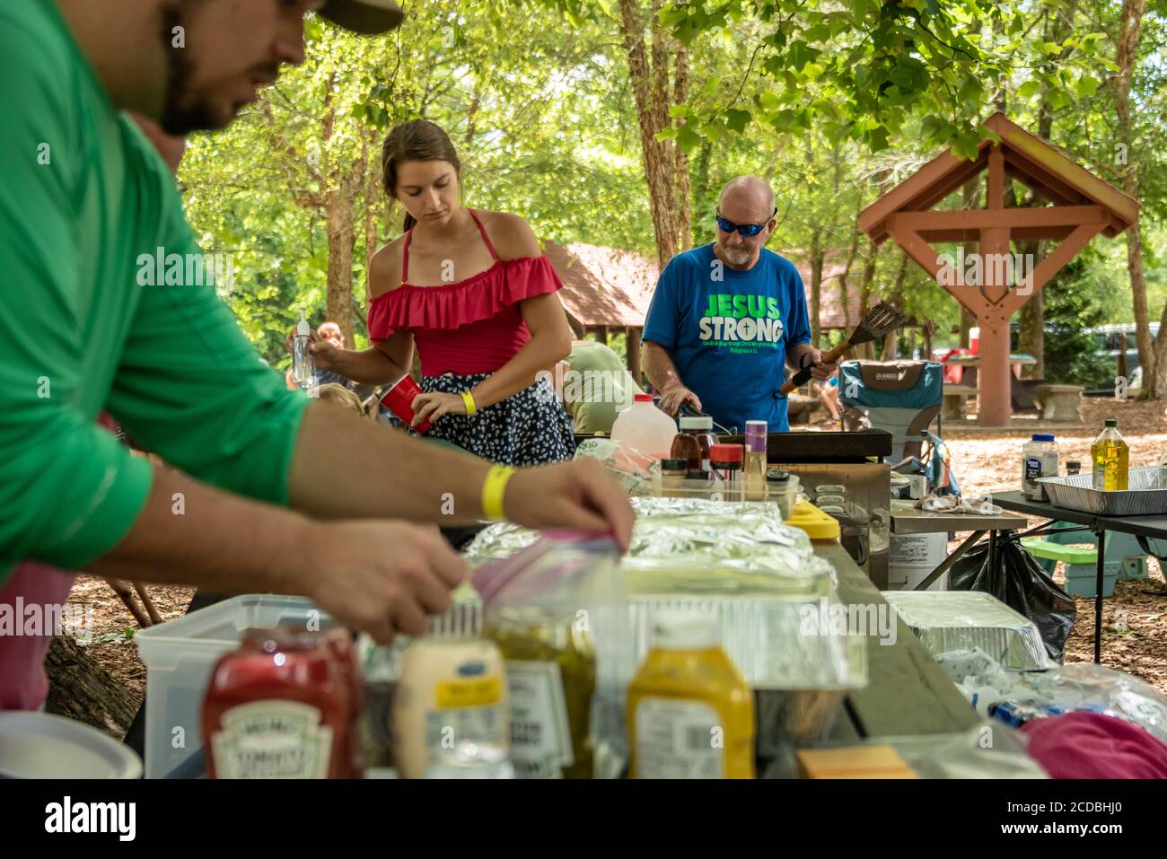 Family reunion cookout along the Chattahoochee River in Helen, Georgia. (USA) Stock Photo