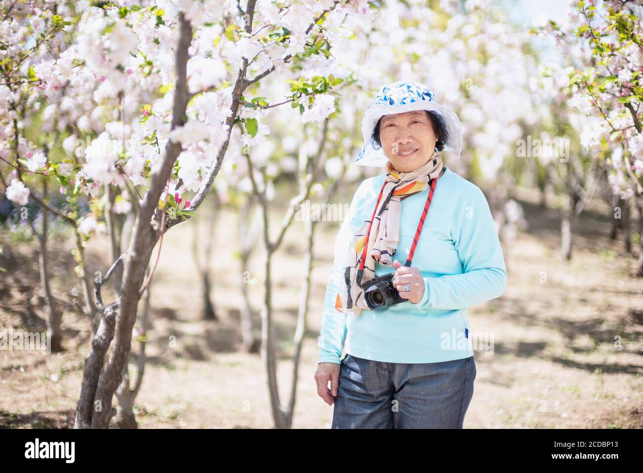 Portrait of happy senior beautiful woman in spring park Stock Photo