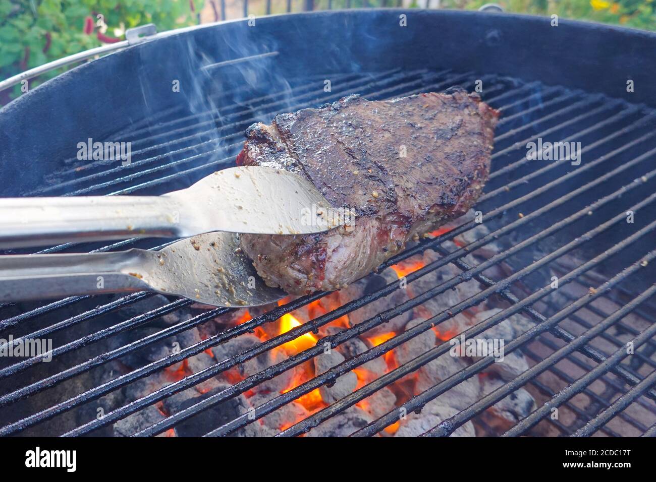 Grilled beef  tri tip steak on a garden barbecue Stock Photo