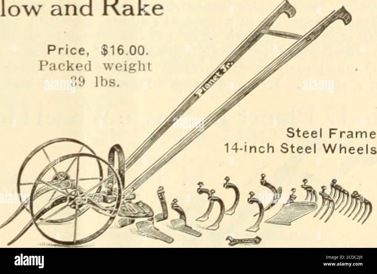 1922 annual catalog : machinery fertilizers seeds, etc . A double and  single wheel hoe in one. 14-inch steel wheelsand forged steel frames.  Straddles crops till 20 inches high,then can be